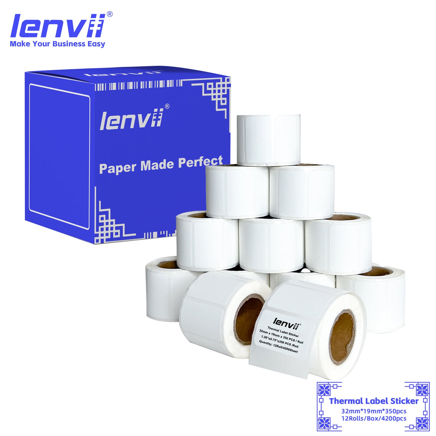 LENVII 5-Proof White Rectangle Label Stickers Roll | Waterproof PVC