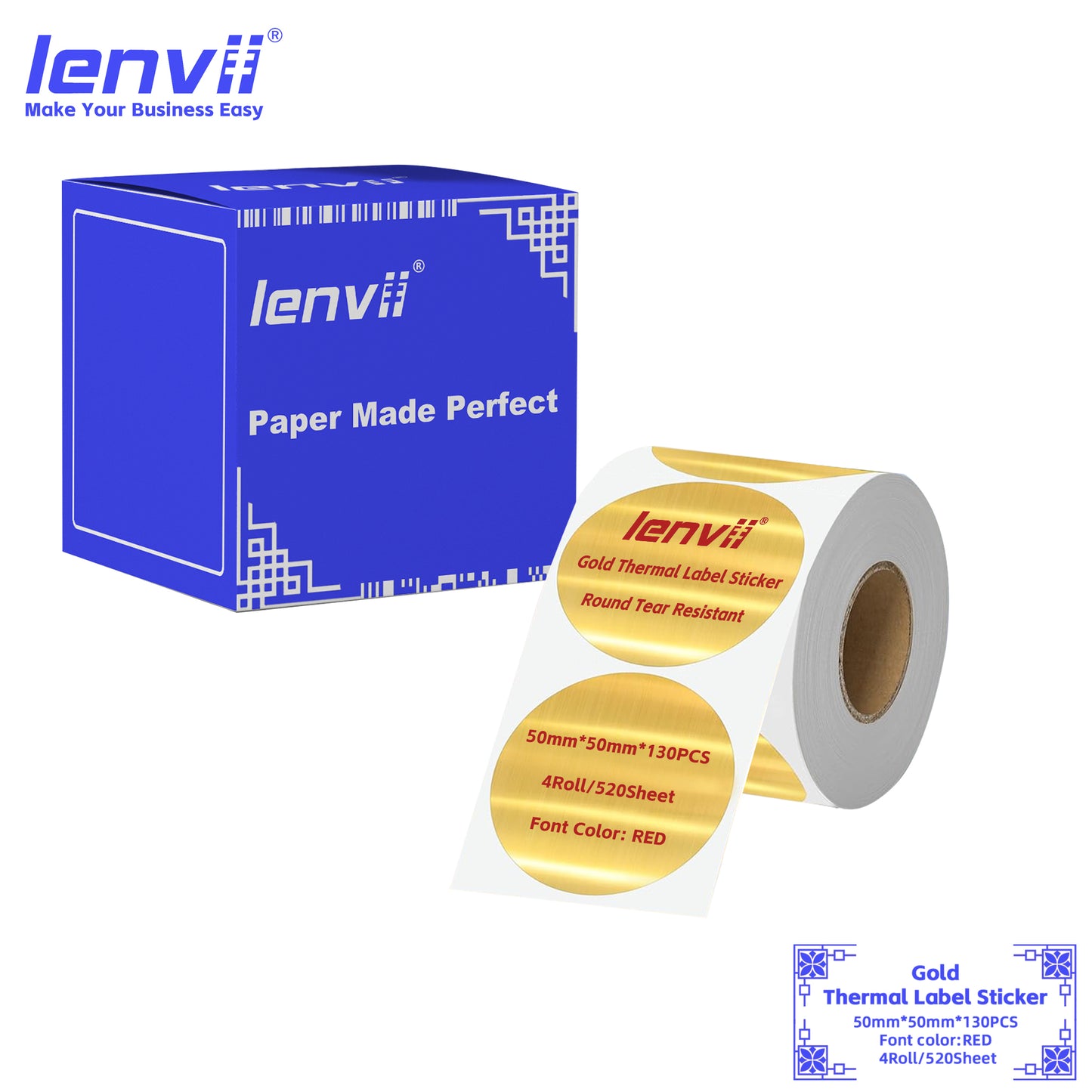 LENVII 50mm Brushed Gold Round Thermal Label Stickers | 3 Font Colors