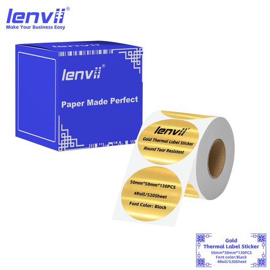 LENVII 50mm Brushed Gold Round Thermal Label Stickers | 3 Font Colors