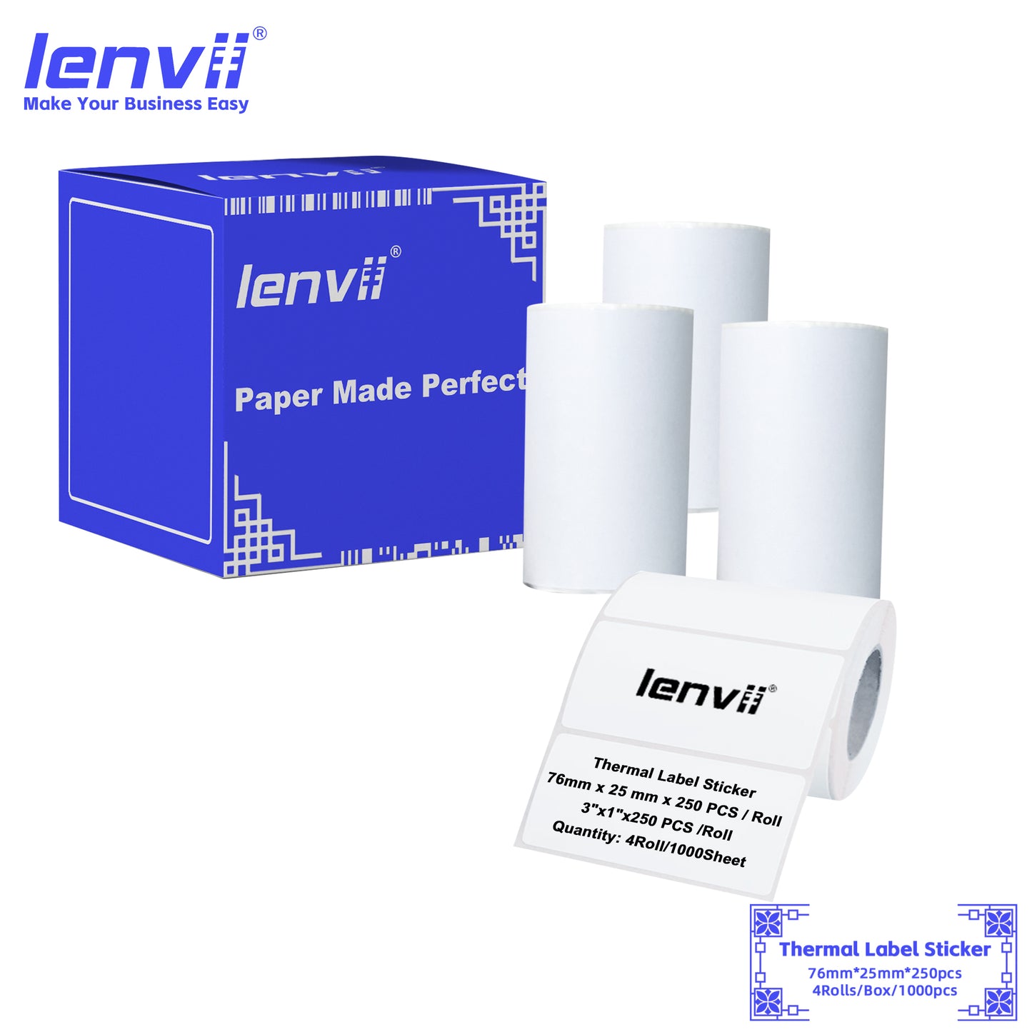 LENVII 5-Proof White Rectangle Label Stickers Roll | Waterproof PVC