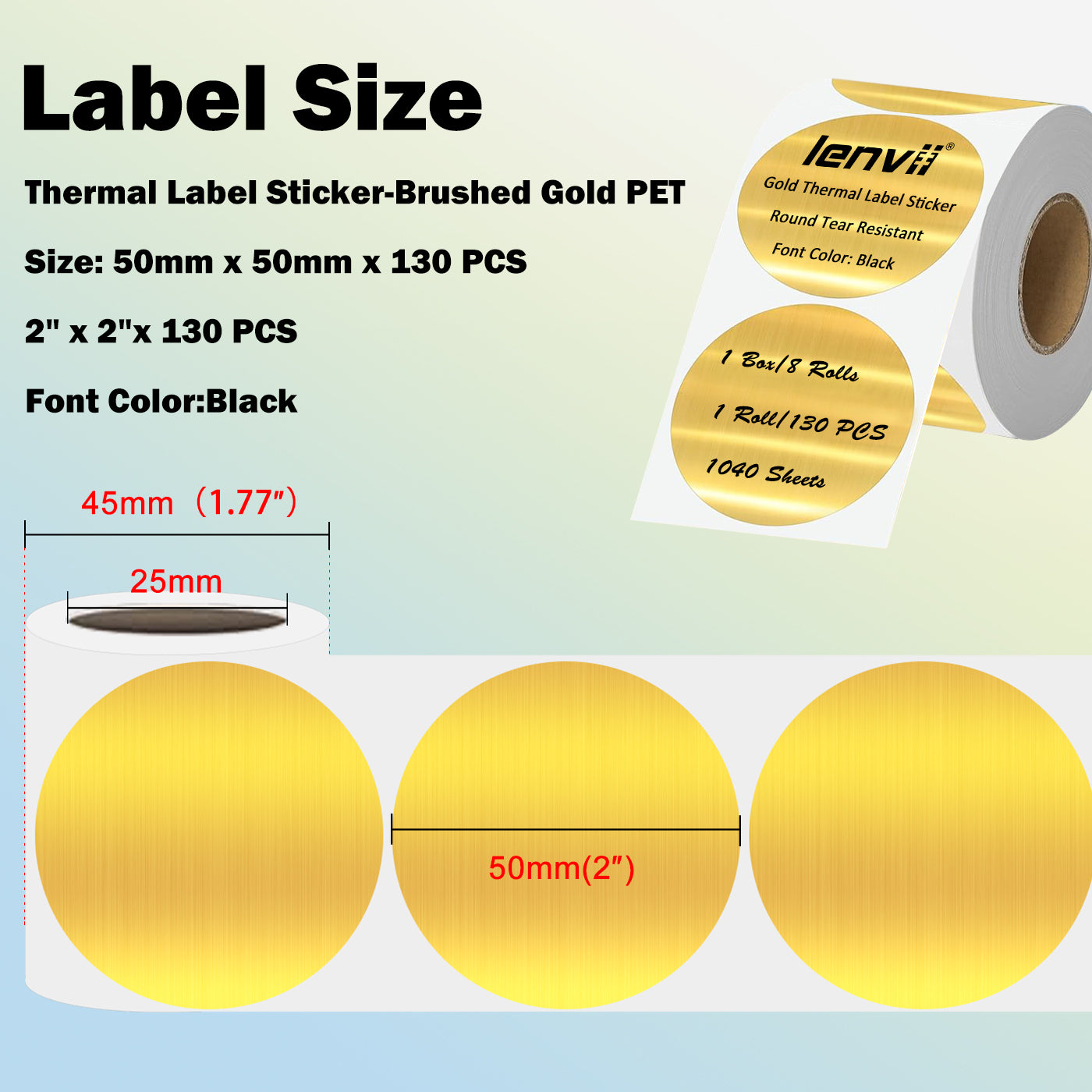 LENVII 50mm×50mm 4 Proof Round Brushed Gold Colored Font Thermal Label Stickers/Waterproof,Oil/Tear/Scratch Resistant,Circular Printable Tags/2 Inch Stickers Rolls